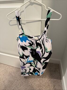 Abstract Print Women's Bikini Top in White, Black & Teal